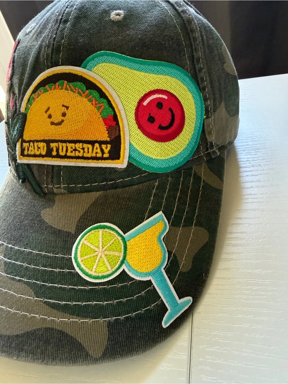 Taco Tuesday Patch Camo Baseball Cap Olive Green with Bright Patches OS